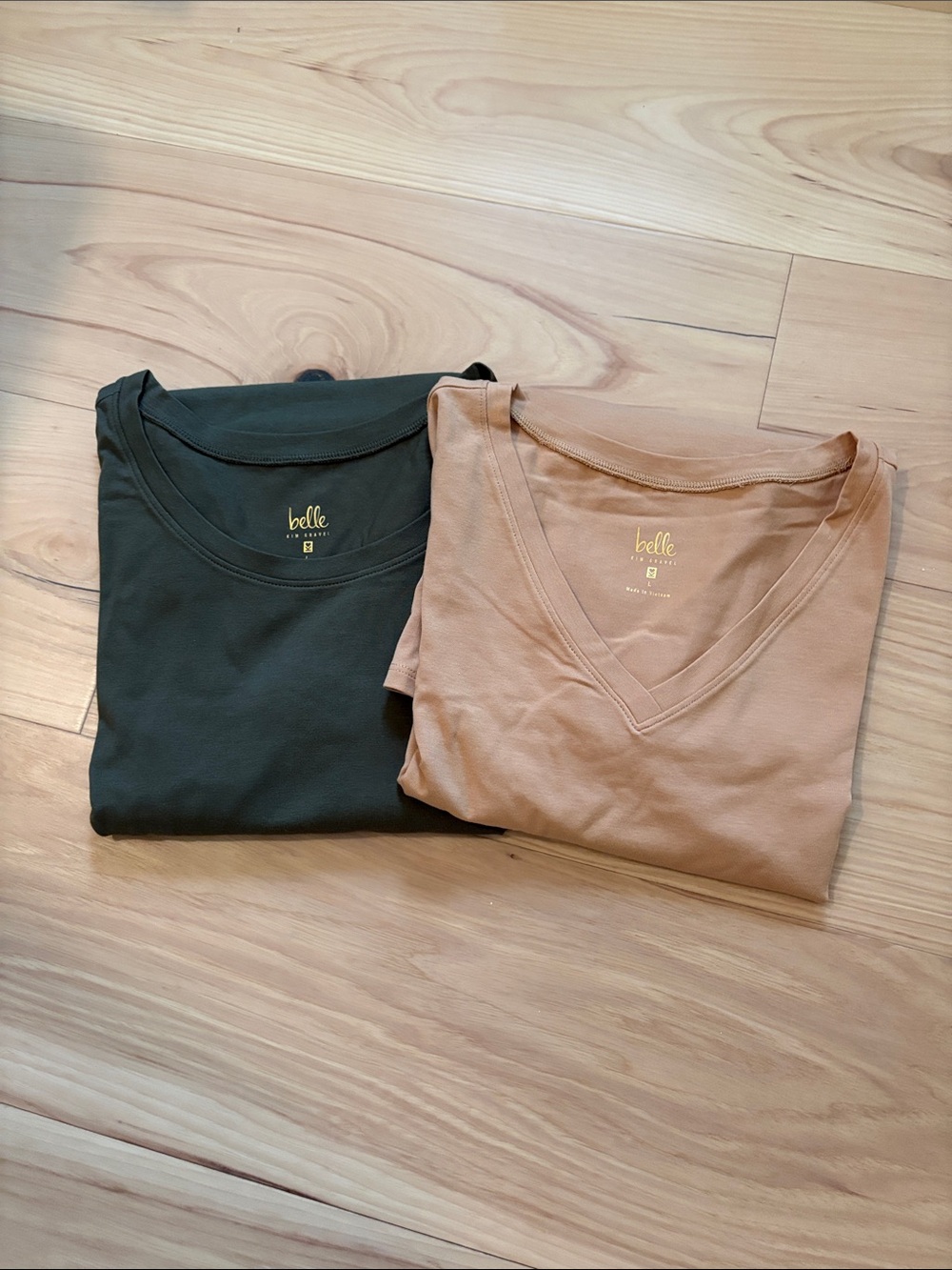 NEW Belle by Kim Gravel Long-Sleeve Cotton-Modal Tops in Olive and Tan